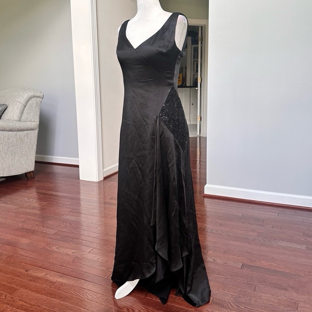 Vintage Y2K KIR Black 100% Silk Beaded Embellished V Neck Gown Dress